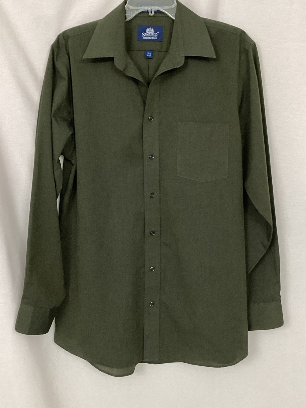 Stafford Olive Green Long-Sleeve Dress Shirt with Chest Pocket